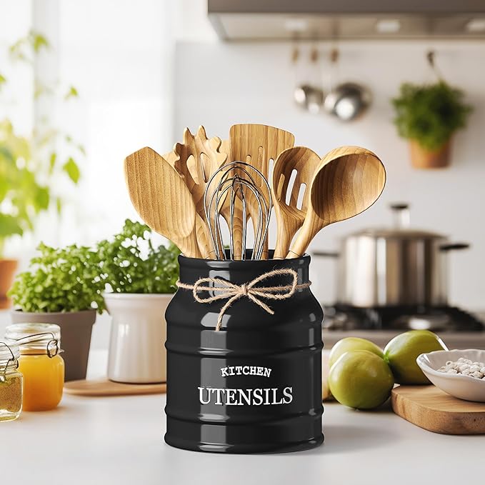 Barnyard Designs Ceramic Farmhouse Utensil Holder for Kitchen Counter, Large Rustic Utensil Crock, Countertop Cooking Tool Spatula Organizer, 6.75” (Black)