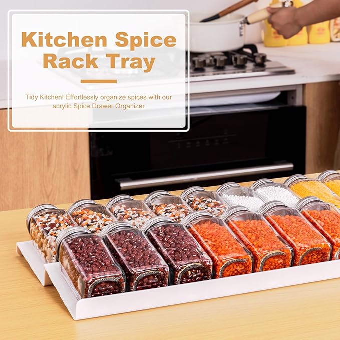 8-Pack Spice Rack for Drawer, Adjustable Seasoning Rack Tray, Expandable from 13" to 26" Kitchen Seasoning Organizers and Storage for Drawer, 2mm Acrylic, White (Jars Not Included)
