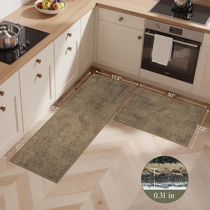 GENIMO Kitchen Mats for Floor 2PCS, Washable Absorbent Runner Rugs for Kitchen, 17.3"x47"+17.3"x30" Jute rug, Cushioned Non Slip Kitchen Rugs for Kitchen Floor,Standing Mat Rug for Home, Sink, Laundry