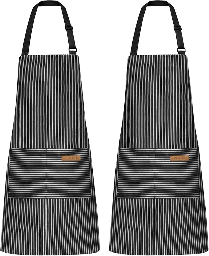 NLUS 2 Pack Kitchen Cooking Aprons, Adjustable Bib Soft Chef Apron with 2 Pockets for Men Women (Black Pinstripes)