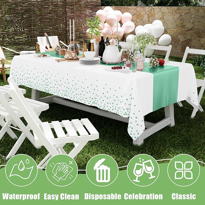Smiry Plastic Table Cloth Disposable 3 Pack, 54 x 108 Inch Rectangle Waterproof Tablecloth, Printed Gold Table Runner Style for Birthday Weeding, Party Decorations, Leakproof & Sturdy, White and Teal