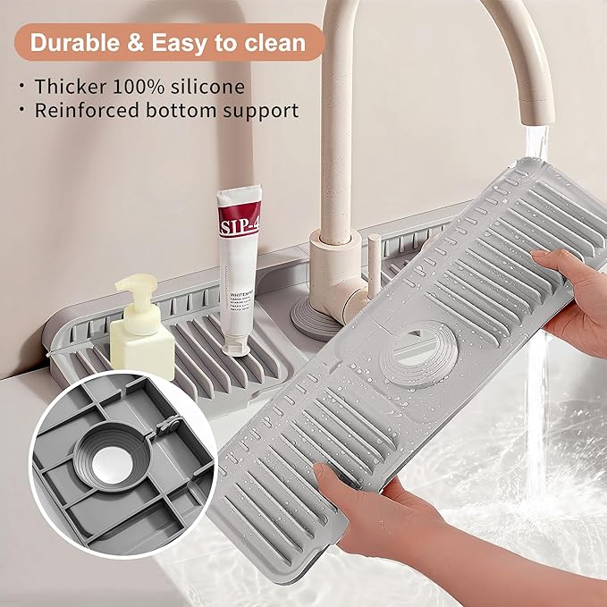 18 inch Silicone Faucet Mat for Kitchen Sink - 6° Slope & Fasten Button Design, Quick-Dry Splash Guard Water Catcher Behind Faucet, RV/Bathroom Safe (Gray)