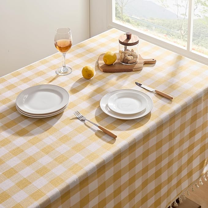 Softalker Checkered Tablecloth Rectangle, Outdoor Linen Cotton Gingham Table Cloth with Tassel, Heavy Duty Wrinkle Free Buffalo Plaid Table Cover for Kitchen Dining Summer Party - 55 x 84 Inch, Yellow