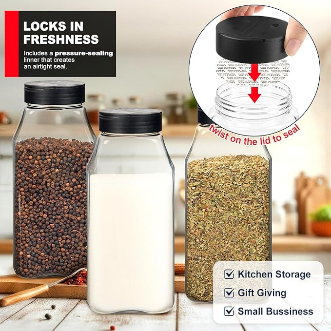 TUZAZO 32 Oz Spice Bottles Plastic Seasoning Containers, 6 PACK Large Plastic Spice Jars with Shaker Lids Empty for Spice & Herbs, BPA Free | Heavy Duty | Wide Mouth | Dual Flaps