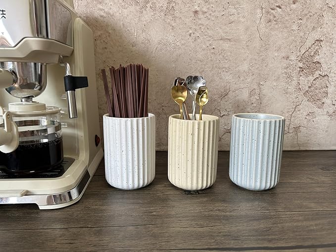 TOPYOKK Stoneware Coffee Bar Utensil Holder Tea & Coffee Spoon & Stirrer Holder for Stir Stick Straw Teaspoon Holder Spoon Cup Small Utensil Jar Fluted Vertical Stripe (Speckled Beige)