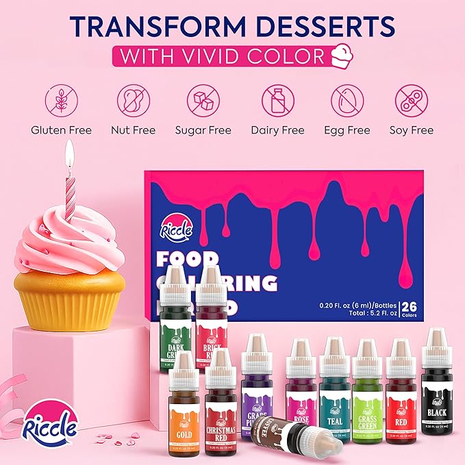 Riccle Food Coloring for Baking - 26 Bright Food Coloring Liquid Set for Cake decorations - 0.20 Fl. Oz (6 ml) / Bottle x 26 Food Dye for Icing, Christmas Cookie decorating Supplies Baking Supplies