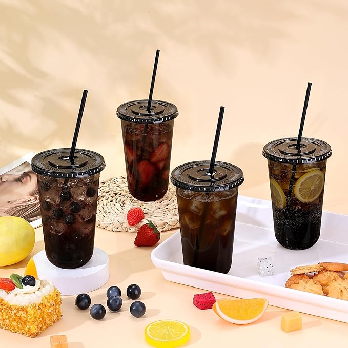 tchrules 100 Set 18oz Plastic Cups with Lids and Straws, Disposable Black Clear Iced Coffee Cup with Lid, Round Bottom Plastic To Go Cups for Cold Drinks Slushie Smoothie Soda Bar Party Shop Supplies