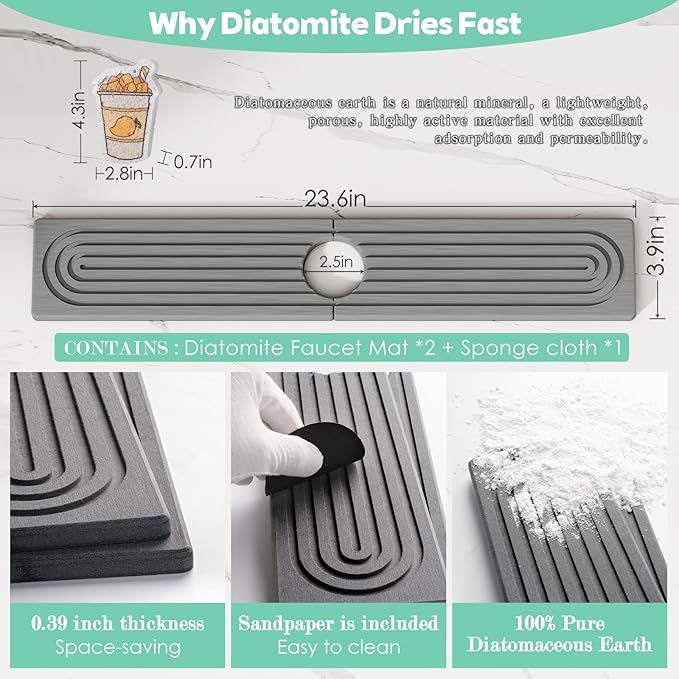 Stone Faucet Mat for Kitchen Sink, Diatomite Drying Stone Tray & Sink Protector, Water-Absorbing Splash Guard, Prevent Moisture on Kitchen & Bathroom Counter (Dark Gray,23.6" x 3.9")