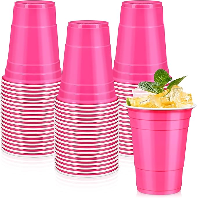 LANLISA 50 Hot Pink Plastic Cups, 16 oz Disposable Cups, Drinking Cups For Birthday Party, Valentines, Mothers Day