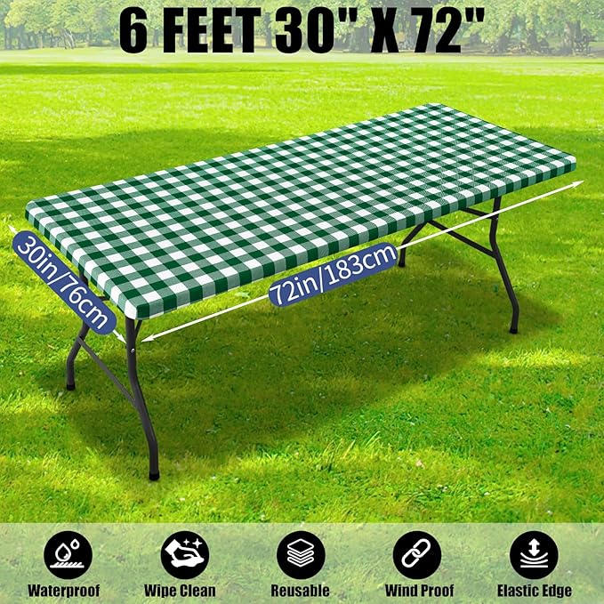 Smiry Picnic Table Cloth 2 Pack, Waterproof Elastic Fitted Tablecloths for 6FT Rectangle Tables, Washable Polyester Buffalo Plaid Tablecloth for Camping & Outdoor (Hunter Green & White, 30" x 72")