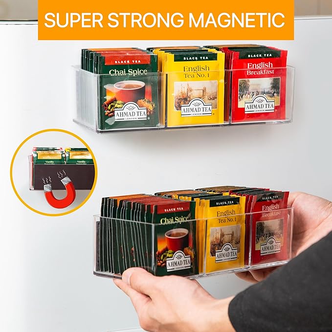 Magnetic Tea Bag Organizer Holds up to 60 Tea Bags, Tea Organizer with 3 Compartments, Extra Strong Magnetic Fridge Tea Box Strong Tea bag Holder for Refrigerator (Acrylic, Magnet)