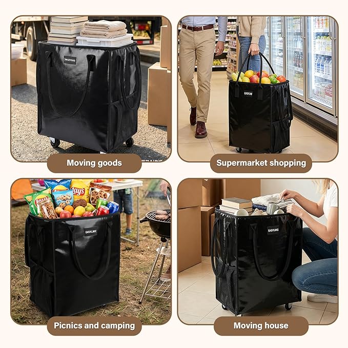 Reusable Hauler Rolling Tote Bag, Collapsible Portable Shopping Cart with Wheels for Groceries, Apartments Laundry, Organization , Heavy Duty Utility Tote, Basket with Wheels, Travel and Moving, 75lbs