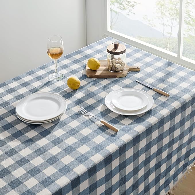 Softalker Checkered Tablecloth Rectangle, Outdoor Linen Cotton Gingham Table Cloth with Tassel, Heavy Duty Wrinkle Free Buffalo Plaid Table Cover for Kitchen Dining Summer Party - 55 x 70 Inch, Blue