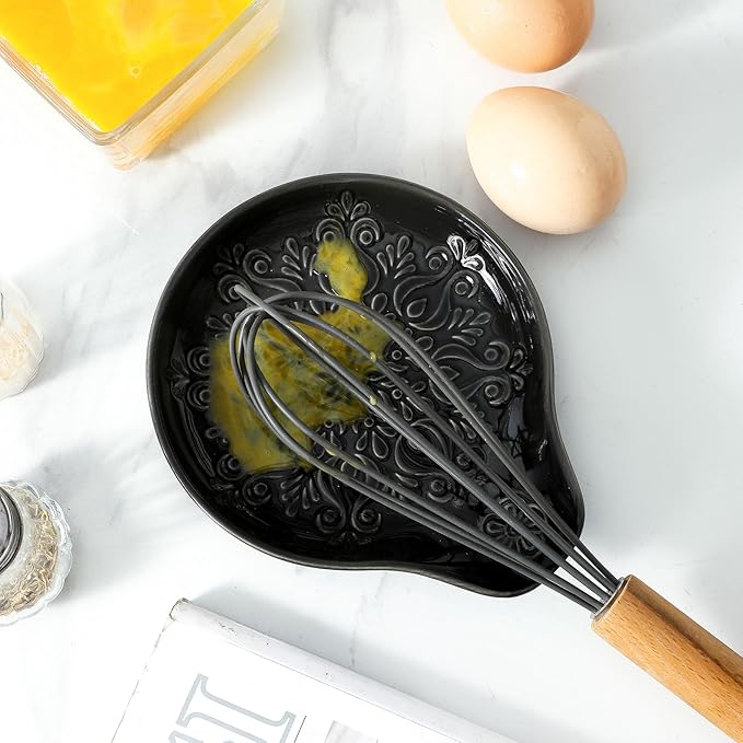 Farmhouse Ceramic Spoon Rests Holder for Kitchen Counter Stove Top (Black-A3)