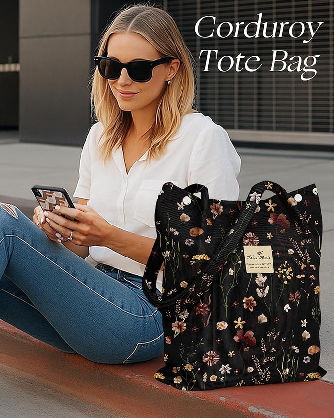 Miss Adola Corduroy Tote Bag for Women - Reusable Totes with Magnetic Buckle & Pocket Aesthetic Design Work Grocery Bags