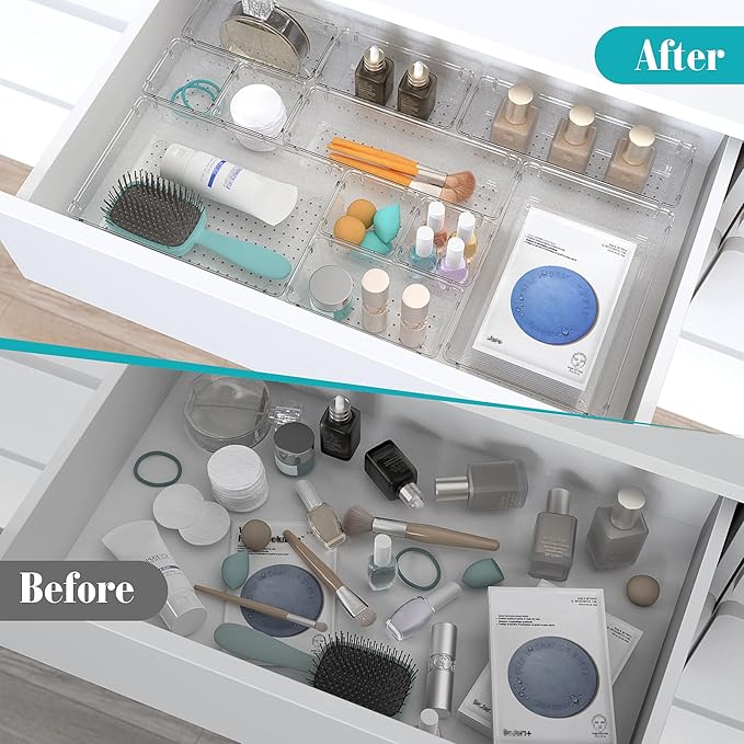 13 PCS Clear Plastic Drawer Organizers Set, 4 Size Desk Drawer Organizer Trays for Makeup, Jewelry, Kitchen Utensils, Gadgets and Office Accessories