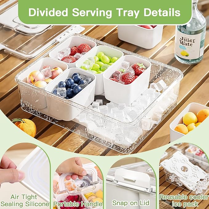 Chilled Snackle Box Container, Snacklebox with Reusable Ice Pack, Beach Essentials Insulated Bag for Parties, Road Trip, 8 Compartment Snack Container, for Fruits, Veggies, Snacks, Keep Food Cold