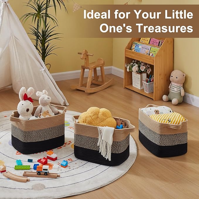 OIASKET Storage Basket for Organizing, Woven Baskets for Storage, Rectangle Decorative Baskets for Shleves, Closet, Toys, Books, Nursery Organizer Bins - Pack of 3 (Black & Brown, 13"x9.85"x8.7")