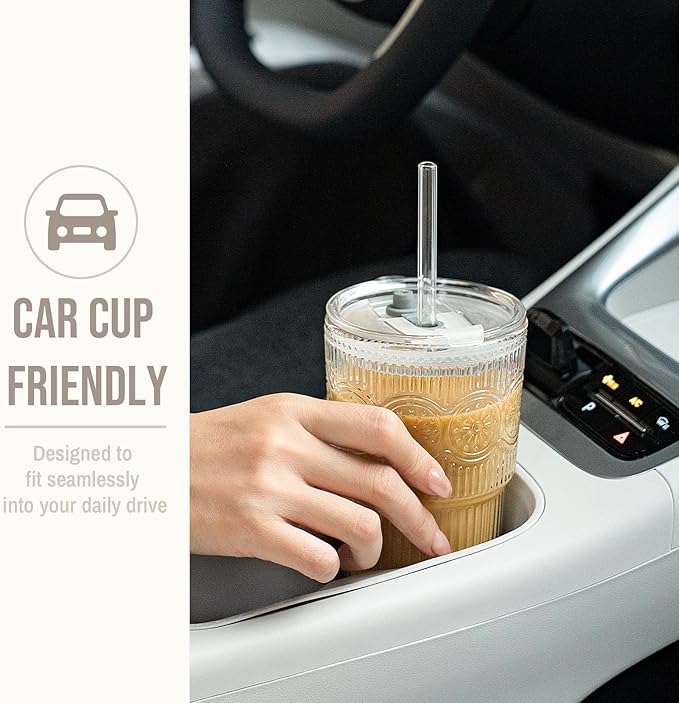 SoulTimes 20oz Ribbed & Floral Glass Tumbler Set of 4 – Reusable Glass Cups with Lid and Glass Straw, Iced Coffee Cups for Water, Smoothie, Milk, Cocktail & More – Perfect for Daily Use & Travel
