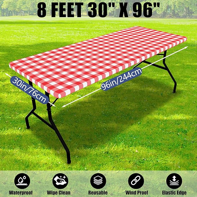 Smiry Picnic Table Cloth 2 Pack, Waterproof Elastic Fitted Tablecloths for 8FT Rectangle Tables, Washable Polyester Buffalo Plaid Tablecloth for Camping, Dining & Christmas(Red & White, 30" x 96")