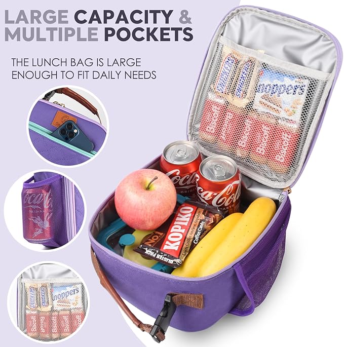 Genteen Lunch Bag for Women Men Girls Teens Insulated Leakproof LunchBox for Adult Reusable Lunch Box with Bottle Holder for Work Office School Travel Picnic-Purple/Gray