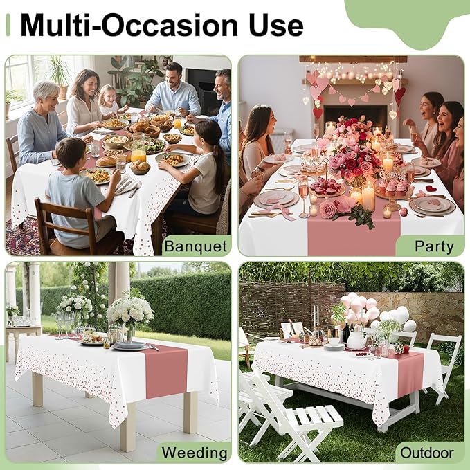 Smiry Plastic Table Cloth Disposable 5 Pack, 54 x 108 Inch Rectangle Waterproof Tablecloth, Printed Gold Table Runner Style for Birthday Weeding, Party, Leakproof & Sturdy, Rose Gold and White