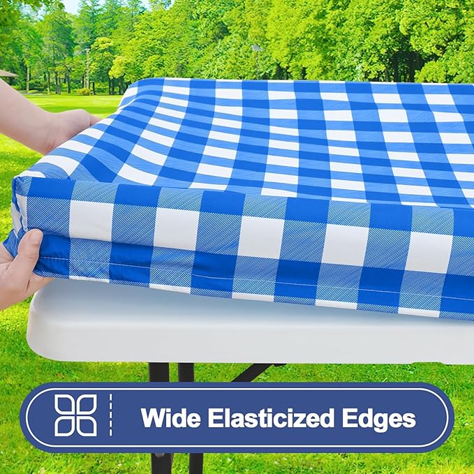 Smiry Picnic Table Cloth 2 Pack, Waterproof Elastic Fitted Tablecloths for 5FT Rectangle Tables, Washable Polyester Buffalo Plaid Tablecloth for Camping, Dining & Outdoor (Blue & White, 30" x 60")