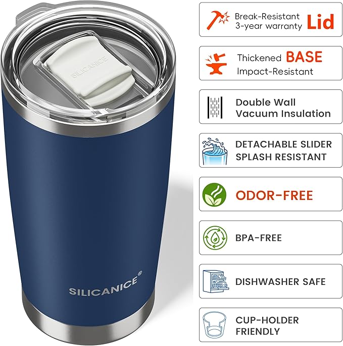 20oz Hygienic Stainless Steel Vacuum Insulated Tumbler w/ Easy-On/Easy-Off Lid - Removable slider, Double Wall 18/8 Travel Mug, BPA-Free, Fits Cup Holders, Premium Quality, Smart Value - Navy Blue