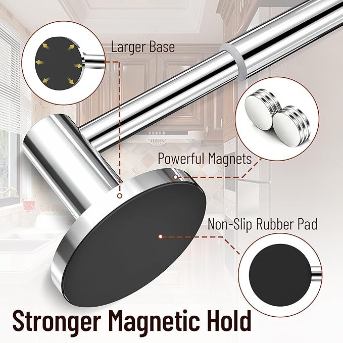 Magnetic Towel Bar, Adjustable Towel Rod with Larger Magnetic Base & Hidden Magnet Design, Non-Slip Magnetic Towel Holder for Refrigerator, Dishwasher, Oven, Washer (Chrome, 1Pack)