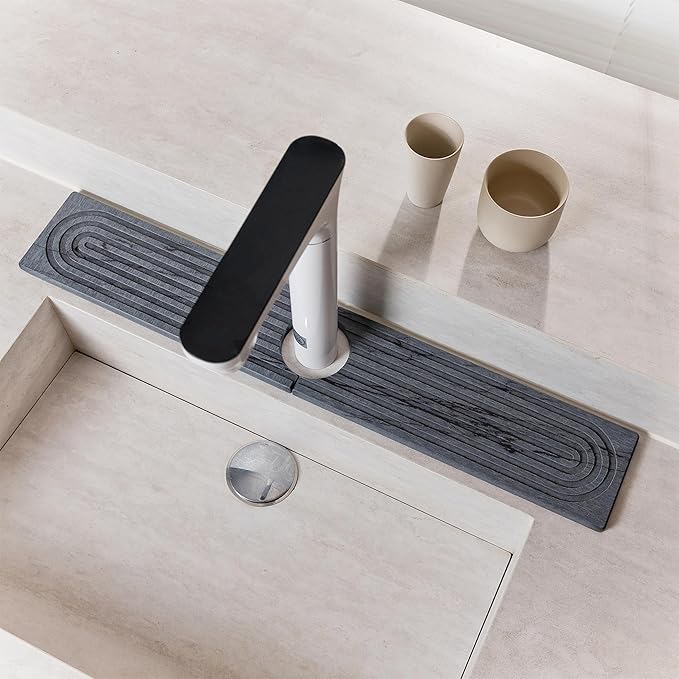 Stone Faucet Mat for Kitchen Sink, Quick Drying Mats, Water Absorbing Guard & Sink Protectors, Diatomite Bathroom Counter Tray, Kitchen Decor Home Accessories - Marble Dark Grey, 23.6''x4''