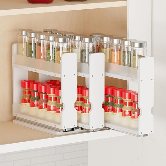 SpaceAid Bamboo Pull Out Spice Rack Organizer for Cabinet, Heavy Duty Slide Out Seasoning Kitchen Pantry Sliding Vertical Organization, 7.6" Wide, 3 Drawers(2" Wide), 2-Tier, White
