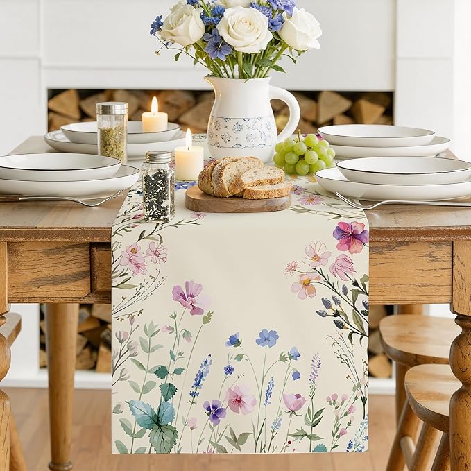 OHOME Summer Decorations - Daisy Eucalyptus Lavender Floral Leaves Summer Table Runner - Spring Decorations for Home Indoor Outdoor | Summer Tablecloth Party Favors Supplies for Table Decor Banner