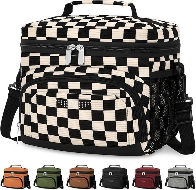 Vankor Insulated Lunch Bag for Men Women, Reusable Lunch Box Leakproof Cooler Lunch Tote Bag with Adjustable Shoulder Strap for Work Office Picnic Beach Travel, Corduroy Black White Checkered