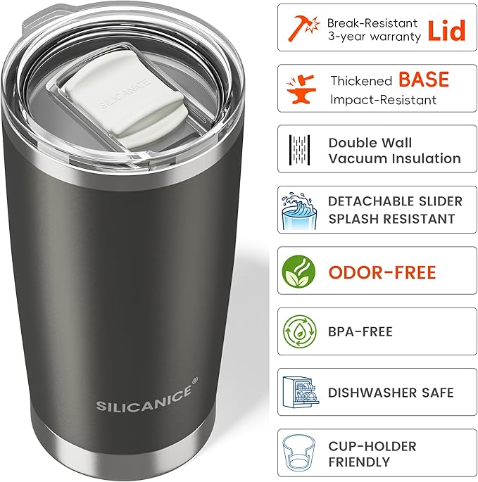 Coffee Tumbler 20 oz, Double Wall Stainless Steel Travel Coffee Mug with Removable Slider Lid, BPA Free, Car Cup Holder Compatible - Gym/Office/Travel/Home - Metal Gray