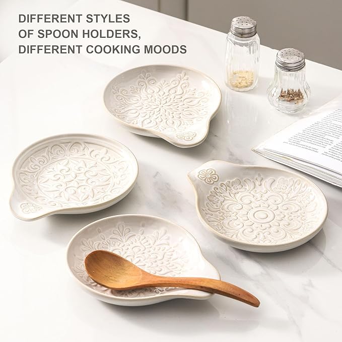 Farmhouse Ceramic Spoon Rests Holder for Kitchen Counter Stove Top (White-A2)