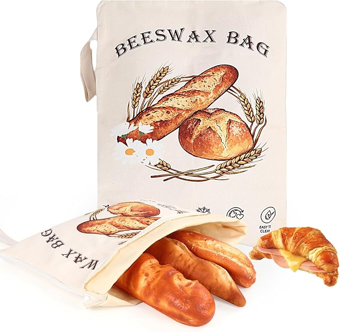 2 Pack Reusable Beeswax Bread Bags for Sourdough, Cotton Bread Bag with Wide Zipper Opening & Handle, XL Bread Bags for Homemade Bread, Keeps Bread Fresh Longer