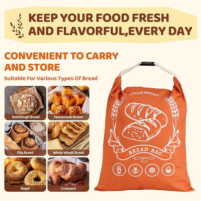 2 Pack Beeswax Bread Bags with Zipper, XL(13x17in) Sourdough Bread Storage for Homemade, Freezer Storage Bag to Keep Fresh, Cotton Beeswax Container, Baguette Bag with Liner, Kitchen Baking (Orange)