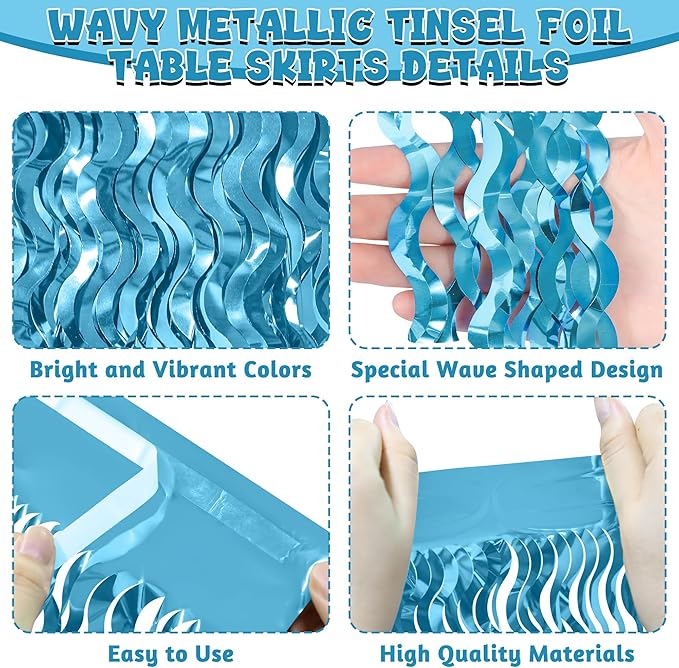 2 Pack Light Blue Table Skirt, Gender Reveal Desk Grass Skirt for Table, Under The Sea Party Wavy Tinsel Foil Fringe Table Skirts, Foil Table Skirts Oktoberfest Birthday Indoor Party Decor