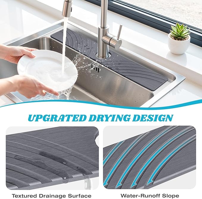 Stone Faucet Mat for Kitchen Sink - Fast Drying Diatomite Stone Drying Mat, Textured Drainage Sink Protector, Water Splash Guard with Base Pads for Bathroom Counter (23.7x4 in, Dark Gray)