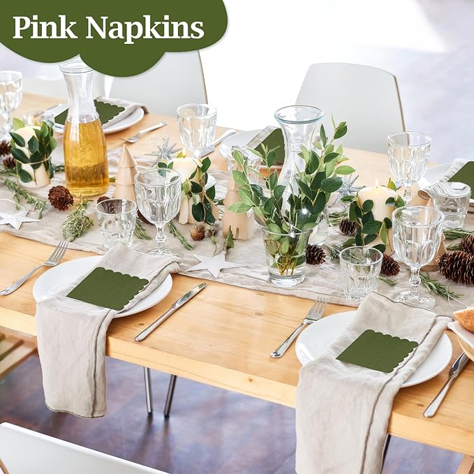 100 Pcs Cocktail Napkins, 2-Ply 5 x 5 Inches Disposable Scalloped Napkins, Thick Premium Dessert Napkins for Party, Wedding, Dinner, Birthday, Anniversary, Festival (Green)