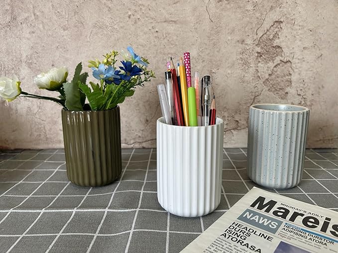 TOPYOKK Stoneware Coffee Bar Utensil Holder Tea & Coffee Spoon & Stirrer Holder for Stir Stick Straw Teaspoon Holder Spoon Cup Small Utensil Jar Fluted Vertical Stripe (Pure White)