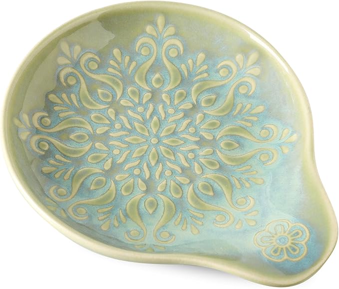 Farmhouse Ceramic Spoon Rests Holder for Kitchen Counter Stove Top (Green-A3)