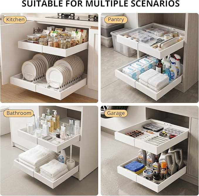 DOMNIU 2 Pack Pull Out Cabinet Organizers Expandable Width (12.4''-20.27''), Metal Slide Out Drawers, Upgrade 3 Slide Rails Sliding Drawer for Kitchen Cabinet Organizer with Adhesive Nano Film, White
