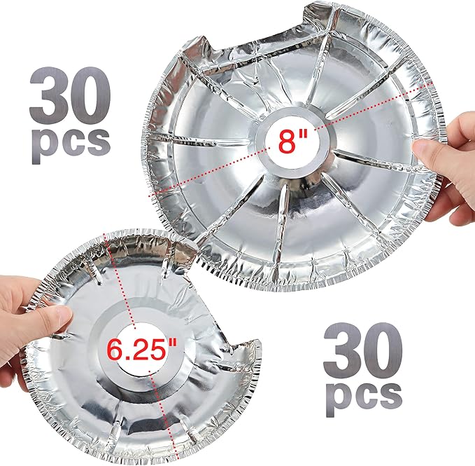 Dreyoo 60 Pcs Electric Stove Burner Covers, Disposable Aluminum Foil Drip Pan Liners, 6.25 and 8 Inch Round Burner Liners to Keep Stove Top Clean from Oil and Food Drips