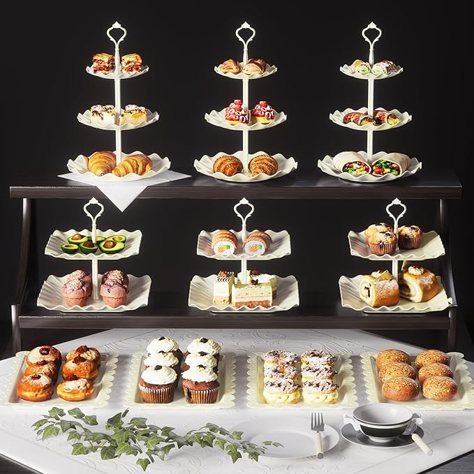 10 Pack Cake Stand Set with 3 x Two-Tier and 3 x Three-Tier Cupcake Stands, Plastic Dessert Table Stand Set 3 Tired Cookie Tray and 4 Pcs Dessert Trays