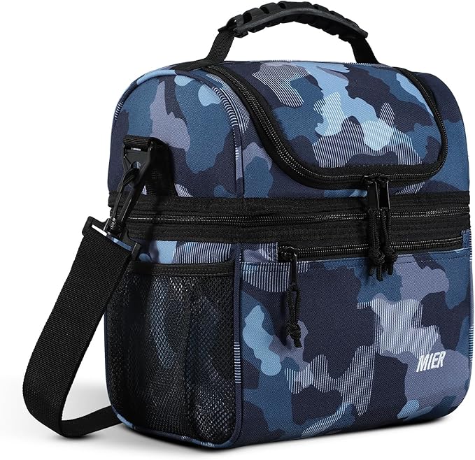MIER Insulated Lunch Box Dual Compartment Lunch Bag Leakproof Cooler for Men Women Adult Work, Camo, Medium (Upgraded Extra-Tall Bottom Layer)