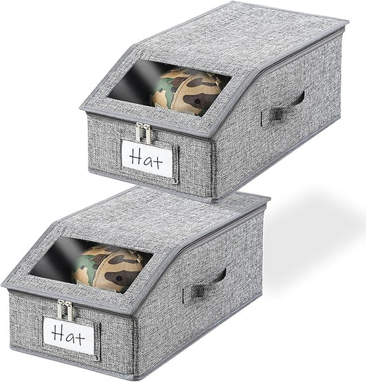 2 Pack Grey Hat Organizer for Baseball Cap, Hat Storage for Closet with Clear Window, Breathable Fabric Hat Box for Snacks, Toys, Socks, Stackable Hat Storage Organizer for Men/Women