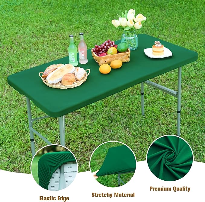 Fitted Rectangle Tablecloth 30 x 72 Inch Elastic Table Cloth for 6ft Table, Stretch Spandex Table Cover Green Washable Polyester Table Top Cap Cover for Dining Picnic Camping Indoor and Outdoor