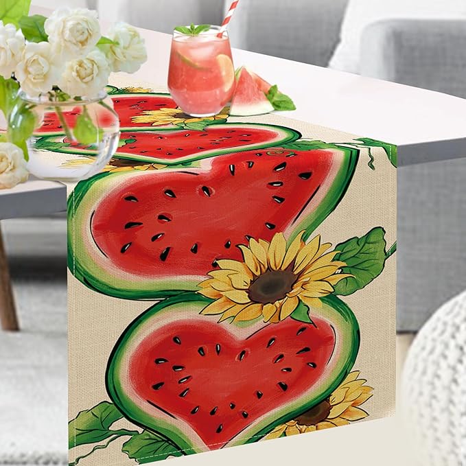 Seliem Summer Watermelon Table Runner, Love Heart Melon Fruit Sunflower Kitchen Dining Table Decor, Seasonal Burlap Home Decoration Indoor Outdoor Party Supply 13 x 36 Inch