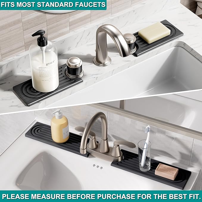 Stone Faucet Mat for Kitchen Sink - Quick Dry Diatomite Sink Splash Guard, Prevents Moisture Buildup & Water Stains, Water Absorbing Stone Tray for Bathroom Countertop (Dark Gray, 20" x 4")